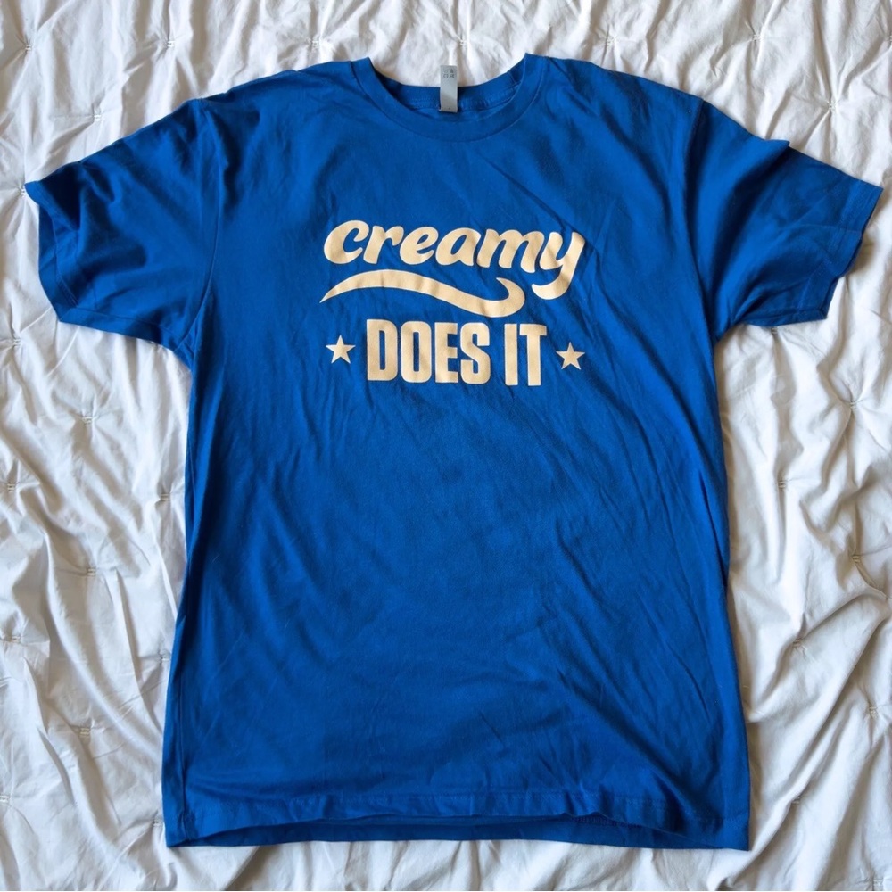 Brand New Blue Large Promo Snickers Creamy Does It Shirt Chocolate Bar Candy